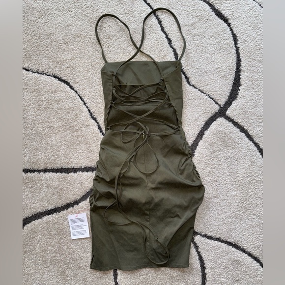 ASOS DESIGN lace-up back structured mini dress with
square neck in khaki - Picture 4 of 8